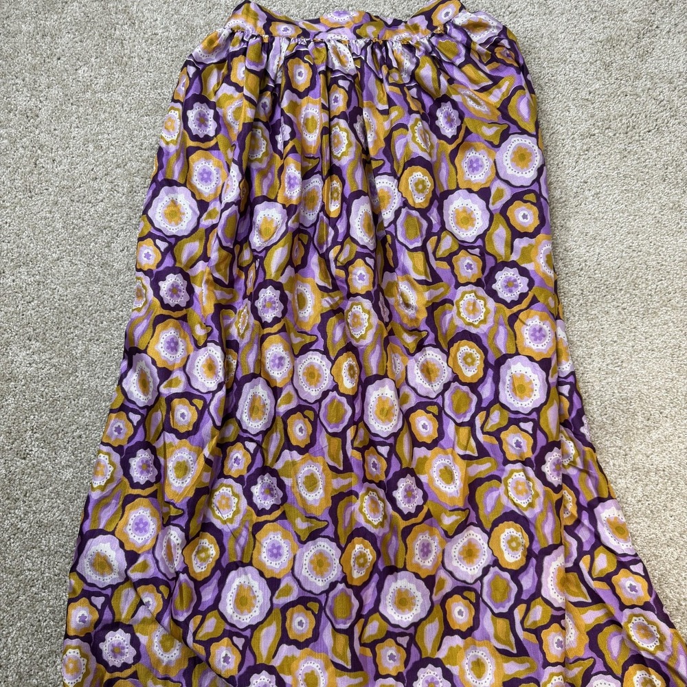 Vintage 70s Purple Yellow Floral Skirt Womens Small A-Line Long Elastic Waist
